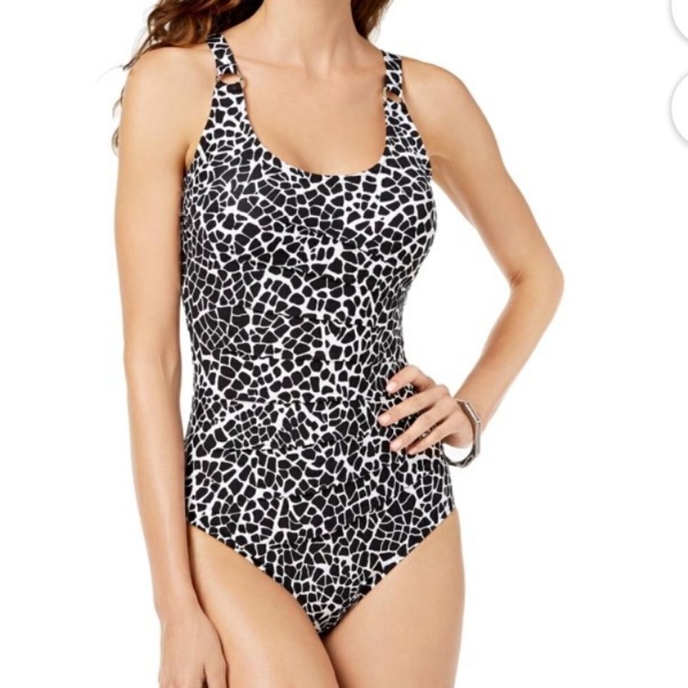 Calvin Klein Women's Stained Glass Printed One-Piece Swimsuit size 8 Black